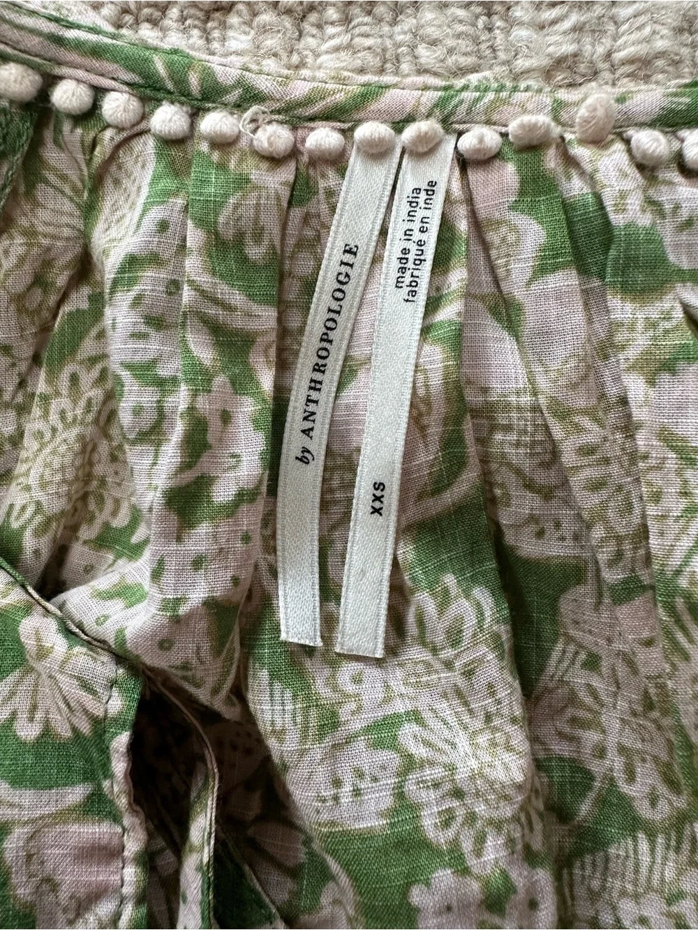 Anthropologie Green & Beige Floral Long Puff Sleeve Ruffle Blouse Sz XXS